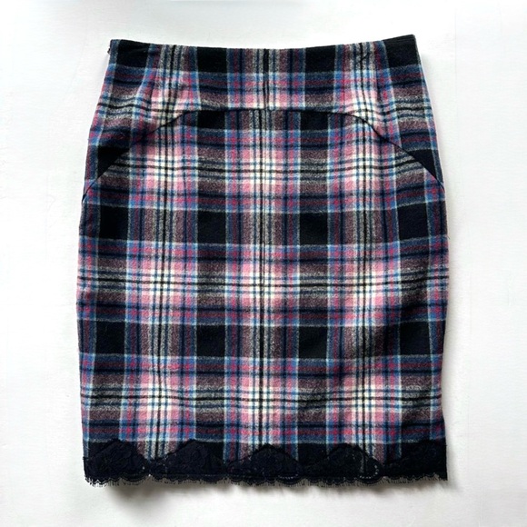 Tibi Lace Trim Red Blue Black & White Check Plaid Wool Pencil Skirt Size 4 - Picture 2 of 15